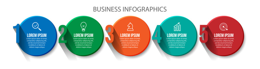 business infographic 5 parts or steps, there are icons, text, numbers. Can be used for presentation banners, workflow layouts, process diagrams, flow charts, info graphics, your business presentations