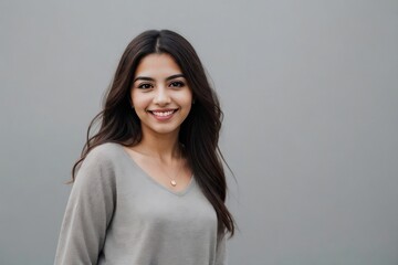 Obraz premium Beautiful Latin American woman standing against a grey background with copy space.