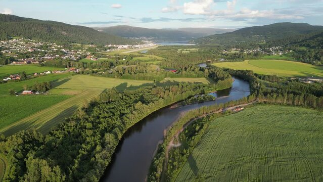 Winding River and Scenic Nature in Vestfold og Telemark, Norway - Aerial 4k