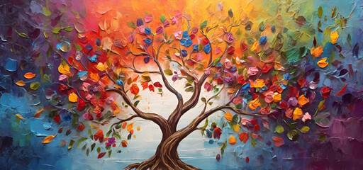 tree of life painted with oil paints. Gorgeous colorful background. generated by AI