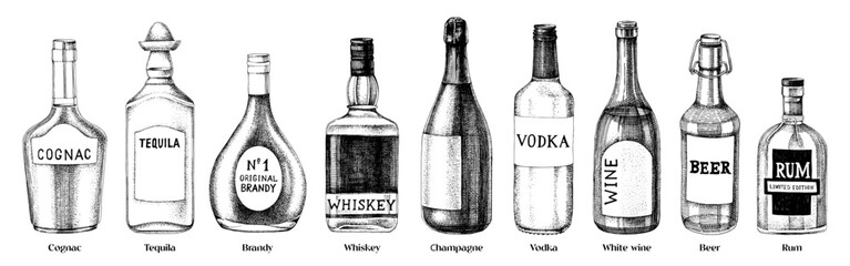 Fototapeta na wymiar Hand drawn alcohol drinks in bottles