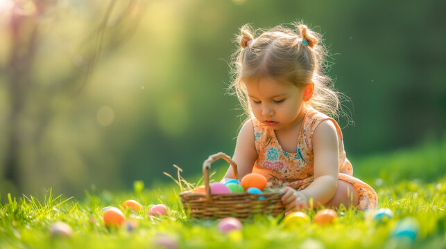 A young child plays with Easter eggs on a green lawn.