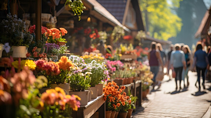 Fototapeta na wymiar A charming country market, with colorful flower stalls as the background, during a bustling spring weekend