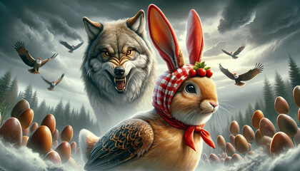 Illustration: wolf and a bunny with Easter eggs: "Enchanted Easter Tale: The Bunny and the Wolf"