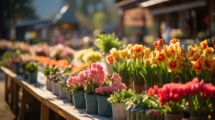 A charming country market, with colorful flower stalls as the background, during a bustling spring weekend - obrazy, fototapety, plakaty