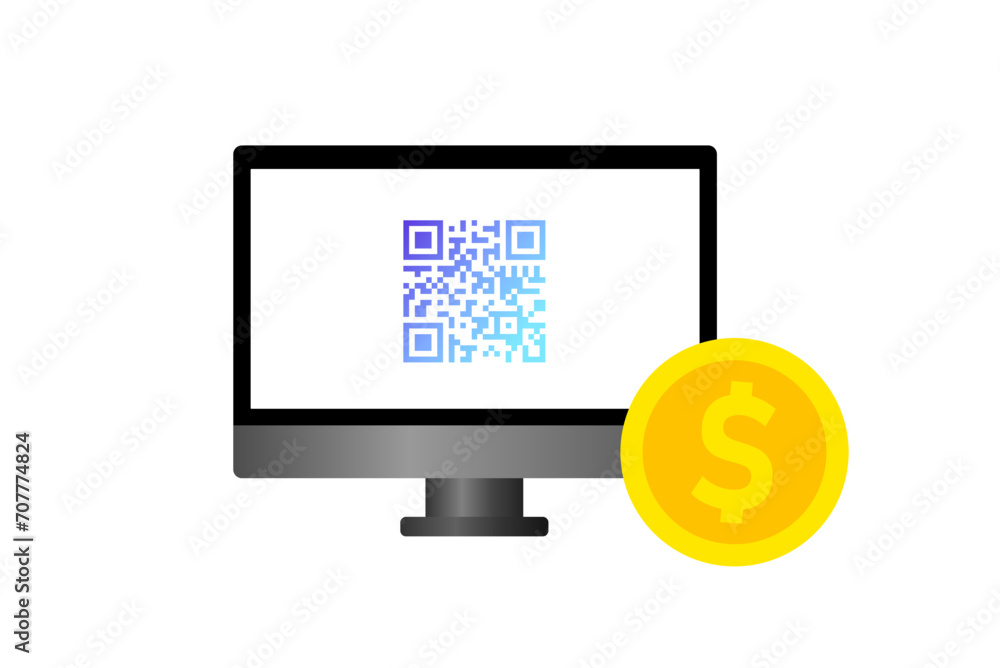 Poster qr-code on the monitor screen. flat, color, dollar coin, qr code on the monitor screen. vector icon