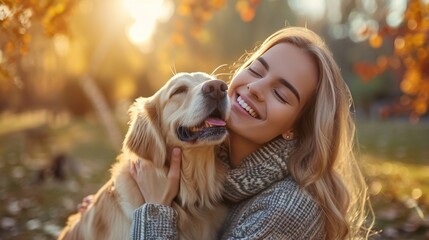 Beautiful young woman with golden retriever dog in autumn park. - obrazy, fototapety, plakaty