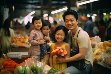 Happy Asian family with three children, 2 boys, 1 girl, smiling at a vibrant local market, surrounded by fresh produce.
