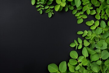 Fresh moringa leaves on black background. Top view with copy space