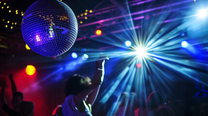Disco Ball In Strobe Lights At Night Club Party, People Dancing	 - obrazy, fototapety, plakaty