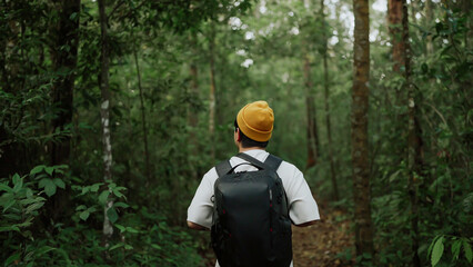 A man backpacker traveling alone in forest wild. Young man hiking trip through the green forest with backpacks. Asian man traveler explore while walking in green forest. Travel and backpack concept