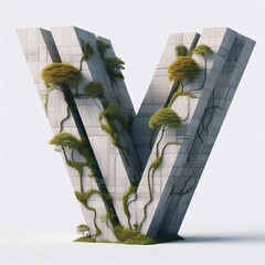 V letter shape 3D Lettering That Blends Concrete With Nature. AI generated illustration