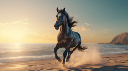 White Horse Galloping on Beach at Sunset