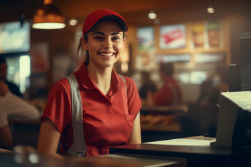 Young smiling woman supermarket worker. AI generative - obrazy, fototapety, plakaty