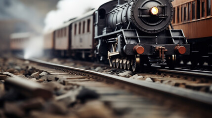 Vintage Steam Locomotive on Rustic Railway - obrazy, fototapety, plakaty