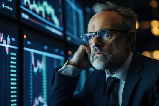 Businessman has a headache Busy with financial investors, buying and selling stocks, analyzing market prices online, thinking about investing money in exchanges, checking fund values.