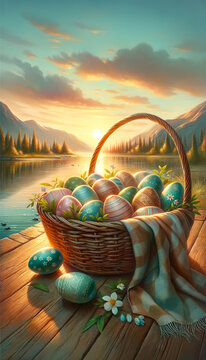 Basket with easter eggs in front of a decorative background. Easter decoration illustration, colourful and positive. Pastell palette