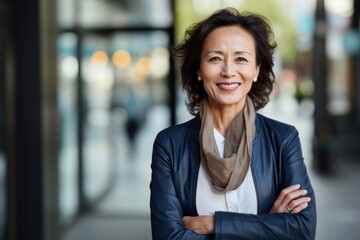 Obraz premium Confident middle-aged Asian businesswoman in office portrait Smiling female corporate leader female manager