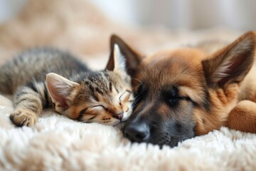 Cute cat and dog sleeping together on fur, on light background