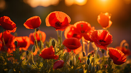 Fototapeta premium A photo of blooming poppies, with vibrant red petals as the background, during a Tuscan sunrise