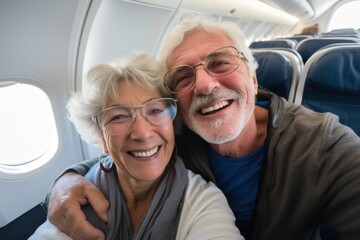 Senior couple taking a selfie on the plane, happy traveling on vacation