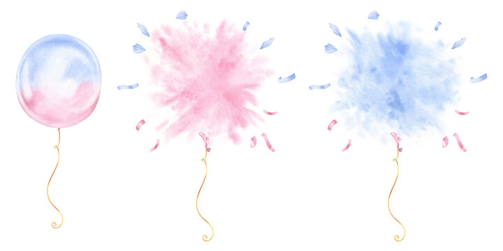 Balloons for Gender Party. Watercolor illustration of burst baloon set. Hand drawn clip art on isolated white background. Drawing of blue or pink ballon. Card template for recognizing a boy or a girl