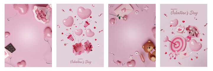 Happy Valentine's day concept cards, with realistic 3d, for Holiday banners, web poster, flyers and brochures,vouchers or greeting cards, 3D illustration