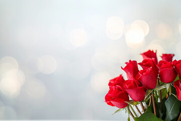 Bouquet of red roses on a blurred light background for birthday or Valentine's Day. Copy space. Love theme