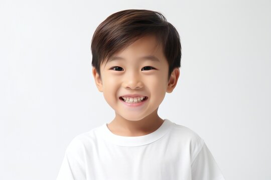 a professional portrait studio photo of a cute asian boy child model with perfect clean teeth laughing and smiling. isolated on white background. for ads and web design