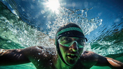 Obraz na płótnie Canvas Underwater View of Swimmer with Goggles in Sunlit Water