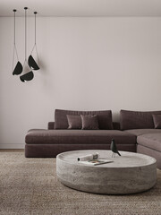 Contemporary living room with a plush sectional sofa and round concrete coffee table under stylish pendant lights
