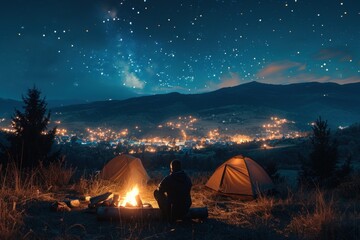 Camping in the Carpathian mountains at night. 