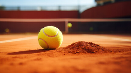 Tennis Ball on Clay Court with Marked Impact - obrazy, fototapety, plakaty