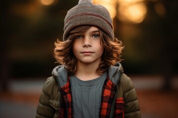 Outdoor portrait of a cute little boy in a warm hat.