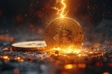 A dynamic image of a cryptocurrency coin being struck by lightning, symbolizing the sudden changes and volatility in the crypto market