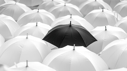 Monochrome Contrast: Black Umbrella Amidst a Sea of White. Generative AI - obrazy, fototapety, plakaty
