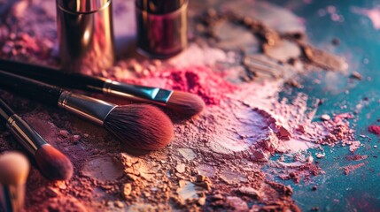 Make up background with decorative cosmetic products. Beauty industry banner with brushes and shadows - obrazy, fototapety, plakaty