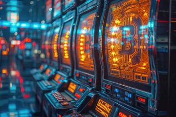 A dynamic shot of a cryptocurrency coin being inserted into a digital slot machine, symbolizing the gamble of crypto investments - obrazy, fototapety, plakaty