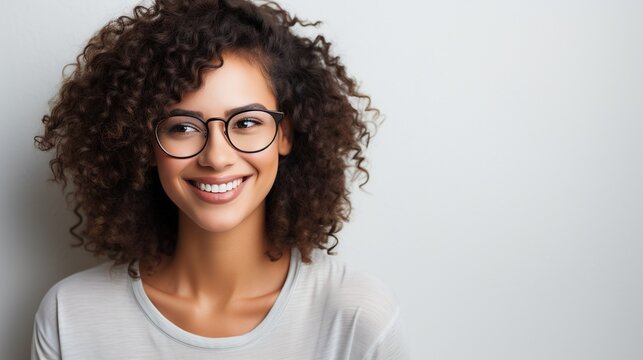 Eyeglasses curly hair woman joyful portrait image