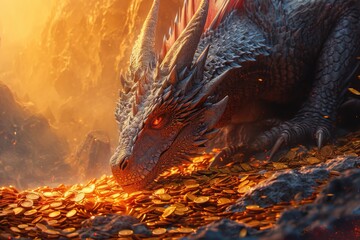 A fantasy scene of a dragon guarding a hoard of Bitcoin, with fiery colors and intricate scales detail