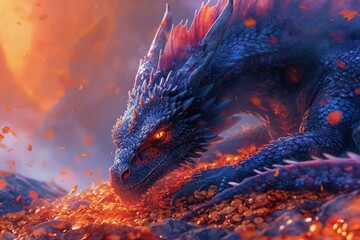 A fantasy scene of a dragon guarding a hoard of Bitcoin, with fiery colors and intricate scales detail - obrazy, fototapety, plakaty