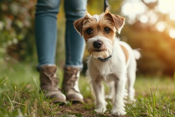 Jack Russell Terrier dog on a walk with its owner in the park