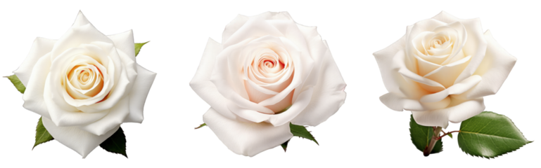 Three stages of a white rose blooming against a transparent background, displaying elegance and natural beauty in a linear composition