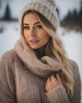 Beautiful young fashionable woman with sweater in the winter time. Gorgeous girl female with a neutral smile on face.