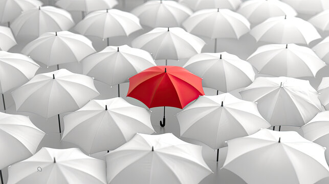 Standout Shelter: Red Umbrella Amidst a Sea of Uniformity. Generative AI