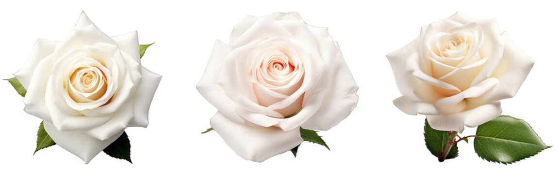 Three stages of a white rose blooming against a transparent background, displaying elegance and natural beauty in a linear composition
