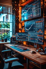 A photo of a crypto investor's home office, with multiple screens displaying live market data and trends