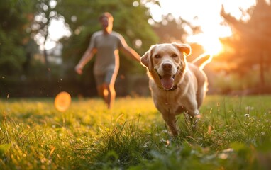 Golden retriever dog running in the park with young man in the background - obrazy, fototapety, plakaty