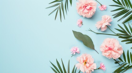 summer holiday background. minimalist pastel background with flowers and copy space for text.
