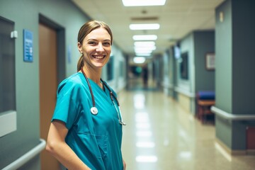 Portrait of a smiling female caucasian nurse in a hospital hall. AI generative - obrazy, fototapety, plakaty